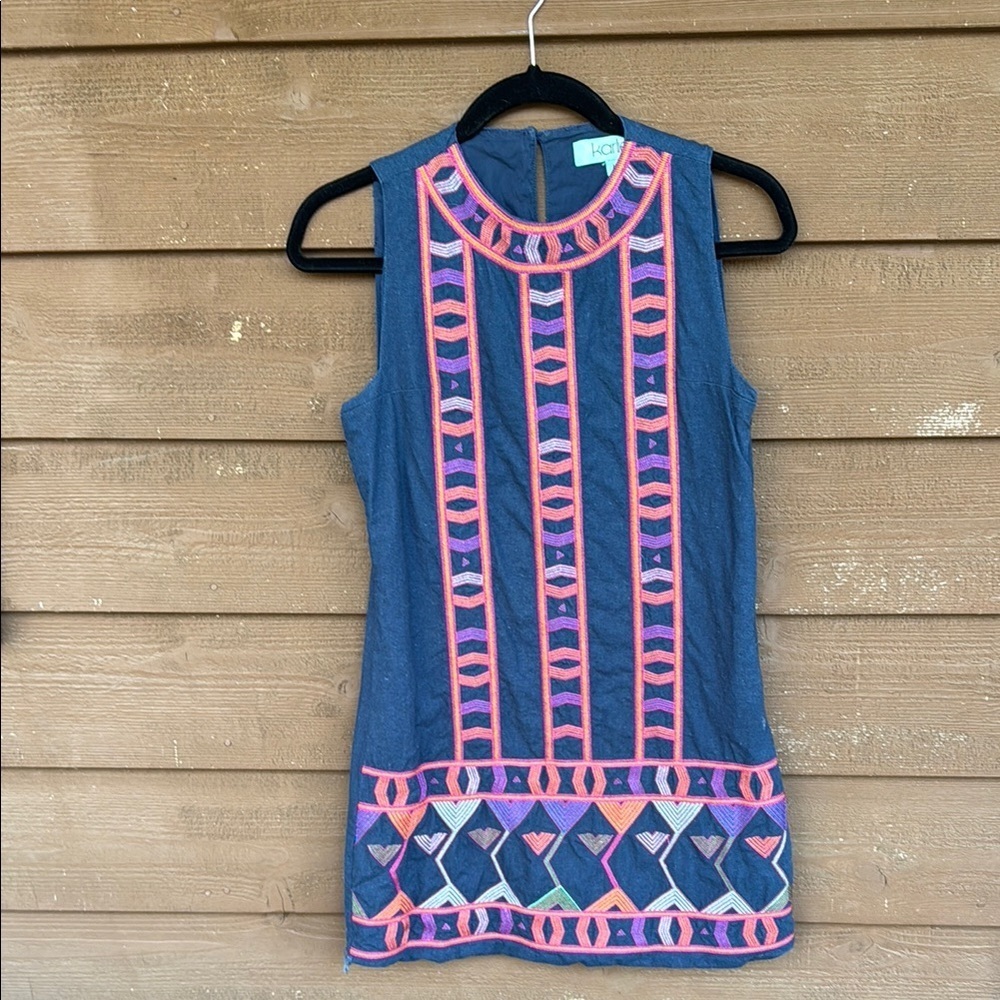 Karlie blue linen tunic pink/orange embroidery size medium
